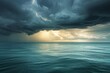 A photograph capturing a sprawling expanse of water stretching out beneath a sky filled with clouds, Contrast of calm sea and arriving thunderstorm, AI Generated