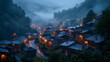 An ancient village with stone houses shrouded in misty night ambiance, evoking an ethereal atmosphere and timeless charm