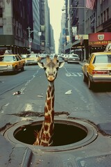 Wall Mural - A giraffe is sticking out the head and neck of a in the middle of the road, generated with AI