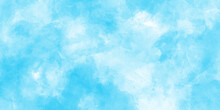 Grunge Light Blue Background With Watercolor, Watercolor Scraped Grungy Paper Texture, Blue Sky Is Surrounding With Tiny Clouds, Blue And White Watercolor Paint Splash Or Blotch With Sky Blue Stains.
