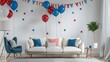 4th of july themed wall in a modern living room with blue and red balloons with stars and stripes and triangular flags