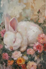 Wall Mural - Oil painting palette A cute baby white rabbit who has a hard time falling roses vintage pastel colors, generated with AI