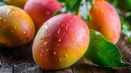 Poster - A bunch of mangoes with leaves on a wooden table, AI