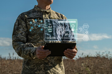 ai technology in the army. warfare analytic operator checking coordination of the military team. mil