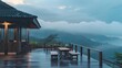 Wooden house with terrace and wooden furniture overlooking mountain view at foggy, generated with AI