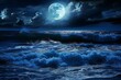 A Painting of a Full Moon Over the Ocean, Dark blue ocean waves crashing with an overlay of bright moonlight, AI Generated