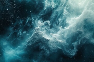Canvas Print - A photo featuring a blue and white background with shining stars scattered across the sky, Deep sea colors blending in a serene space nebula, AI Generated