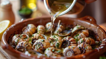 Wall Mural - Sauce being poured over cooked snails in traditional dish