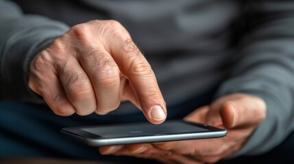 Wall Mural - A man holding a cell phone in his hand with one finger, AI