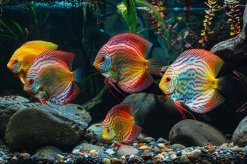 Discus fish radiance. Shining in a tank adorned with nature