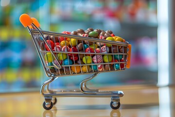 Vibrant Virtual Shopping Cart Brimming with Colorful Candy and Displayed Prices