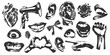 Mouth, heart, speaker, head, scream, hand, flower, ear with halftone stipple effect, for grunge punk y2k collage design. Vector illustration in stipple halftone brutalist retro design for vintage sale