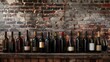 Assorted wine bottles on wooden shelf against brick wall