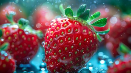 Poster - A close up of a bunch of strawberries sitting in water, AI