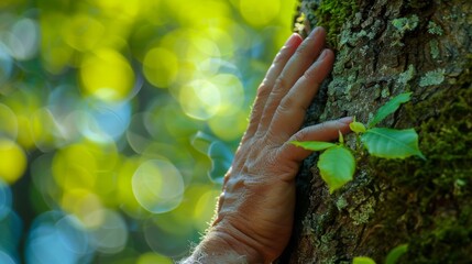 Sticker - A hand reaching up to a tree with green leaves on it, AI