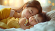 Close up portrait of beautiful young Asian Caucasian mother kissing healthy newborn baby sleep in bed with copy space, healthcare and medical love Asia woman lifestyle mother's day concept