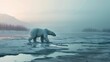 A regal polar bear prowling across the frozen tundra, its thick fur glistening in the soft glow of the Arctic twilight as it searches for prey amidst the vast expanse of ice and snow.