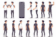 Set of male character in various poses and actions. Happy guy gesticulates, poses, points to a huge smartphone 3D avatars set vector icon, white background, black colour icon