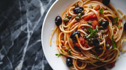 Wall Mural - Plate of spaghetti with olives and tomatoes