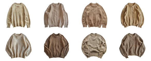 Wall Mural - Elegant cable knit sweaters in neutral tones cut out png on transparent background