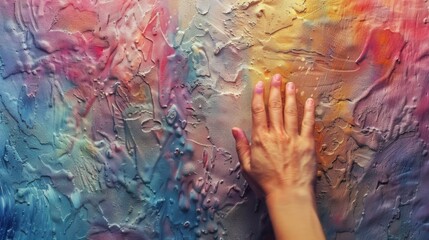 Sticker - A hand reaching out to touch a colorful wall, AI