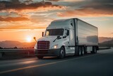 Fototapeta Przestrzenne - Cargo truck on mobile app ensures fast delivery service