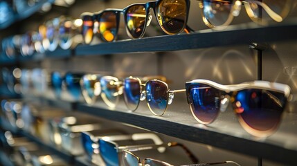 Sticker - A row of sunglasses are displayed on a shelf in the store, AI