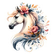 Horse. A white horse in flowers. Horse head. Mare. Portrait. Watercolor. Isolated illustration on a white background. Banner. Close-up