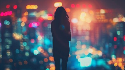 Poster - A woman standing in front of a cityscape with lights, AI