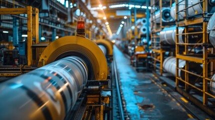 Canvas Print - A factory with a conveyor belt and pipes in the background, AI