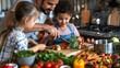 © starush - A man and two children cutting vegetables in a kitchen, AI