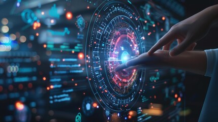 Fototapete - Business people point to the virtual hologram in the internet cyberspace, online business and graph the rising trend of finance, future life.