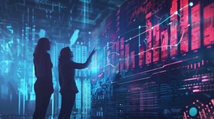 Fototapete - Business people point to the virtual hologram in the internet cyberspace, online business and graph the rising trend of finance, future life.