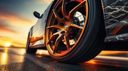 Luxury Sports Car at Sunset: Close-Up of Sleek Vehicle on Road