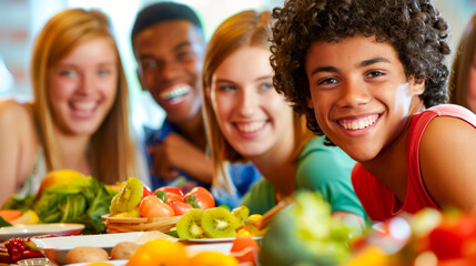 Group of young people standing around table full of fruits and vegetables.