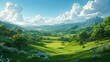 A dazzling painting showcasing a lush golf course nestled within majestic mountain peaks. The vibrant green fairways contrast with the snow-capped peaks, inviting players to tee off in this