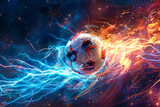 Fototapeta  - Soccer ball with fiery and electric effects on cosmic background