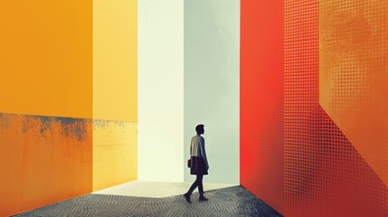 Poster - A person walking down a hallway with an umbrella and briefcase, AI