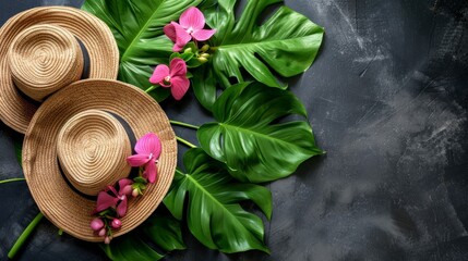 Poster - Two straw hats and pink flowers on a black background, AI