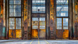 An impressive array of tall metal factory doors, adorned with glass panels, stand weathered by time, their rusty patina telling stories of industrial days gone by, now illuminated by natural light.