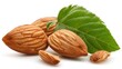 Fresh almond nuts with green leaves on white background. AI generated image