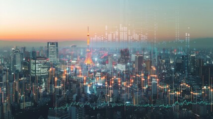 Poster - Multi exposure of forex chart drawings over cityscape background. Concept of success.
