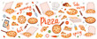 Pizza set. Traditional italian fast food. Restaurant cafe menu. Whole and pieces italian pizza. Vector illustration.