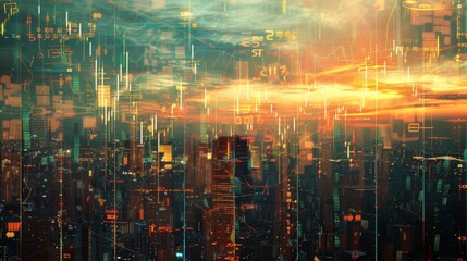 Poster - Multi exposure of forex chart drawings over cityscape background. Concept of success.