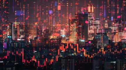 Poster - Multi exposure of forex chart drawings over cityscape background. Concept of success.