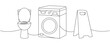 Cleaning service tools one line continuous drawing. Toilet bowl, washing machine, accident prevention sign continuous one line illustration.
