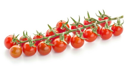 Top view green branch of red fresh cherry tomatoes on white background. AI generated image