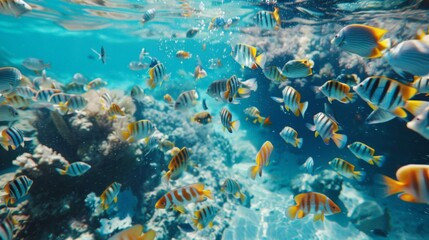 Wall Mural - Oceanic abundance: A school of colorful fish swim gracefully through the crystal-clear waters of the vast ocean, a mesmerizing sight to behold.