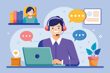 Canvas Print - A man wearing a headset is seated in front of a laptop, engaged in work, Support center customer service concept, Simple and minimalist flat Vector Illustration