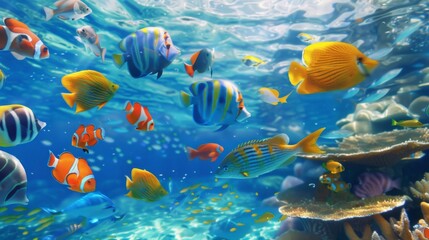 Oceanic abundance: A school of colorful fish swim gracefully through the crystal-clear waters of the vast ocean, a mesmerizing sight to behold.